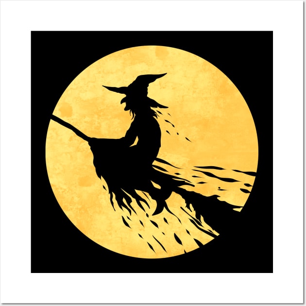 Witch On A Broom Flying In Front Of The Moon On Halloween Wall Art by SinBle